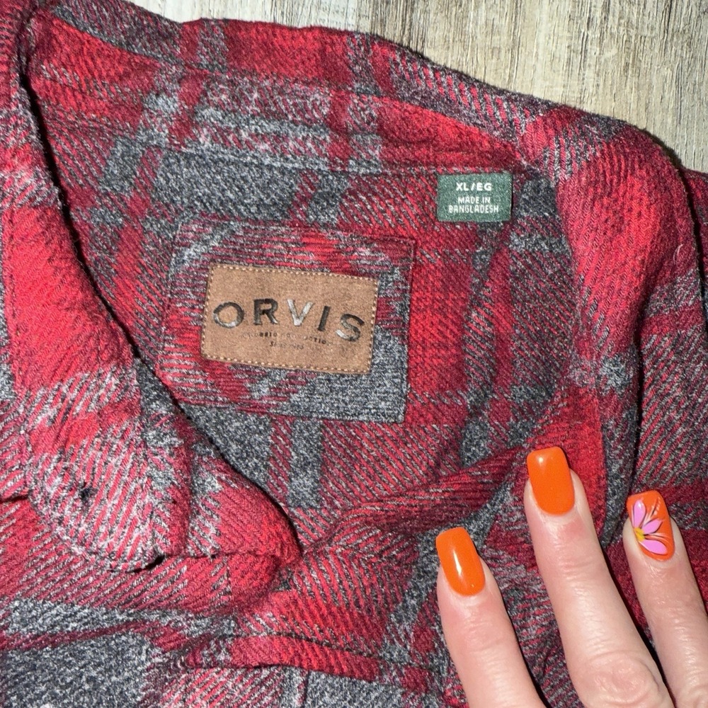 Orvis Shirt Mens XL Red Flannel‎ Buffalo Plaid Shacket Western Flap Pockets - Picture 5 of 8